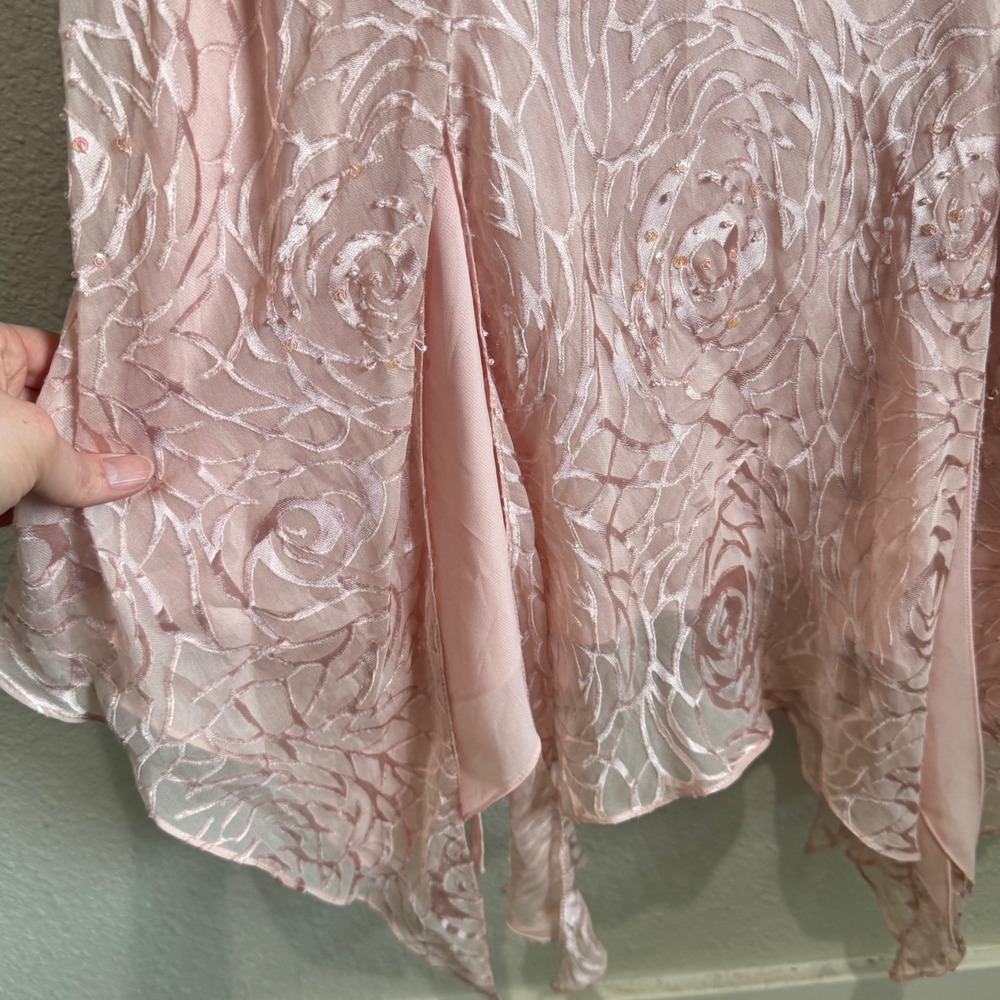 Y2K Alex Evenings Pink Silk Floral‎ Rose Burnout Beaded Handkerchief Fairy Dress - Picture 9 of 10